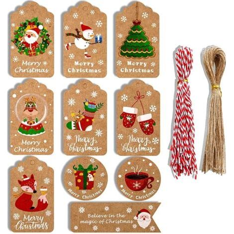 100 Pièces Étiquettes Papier Kraft de Noël, Noël Étiquettes de Cadeau, Étiquettes de Cadeau, 10 Modèles, avec de la Ficelle de Jute et de la Ficelle Rouge et Blanche, pour Emballage Cadeau de Noël (1/5)