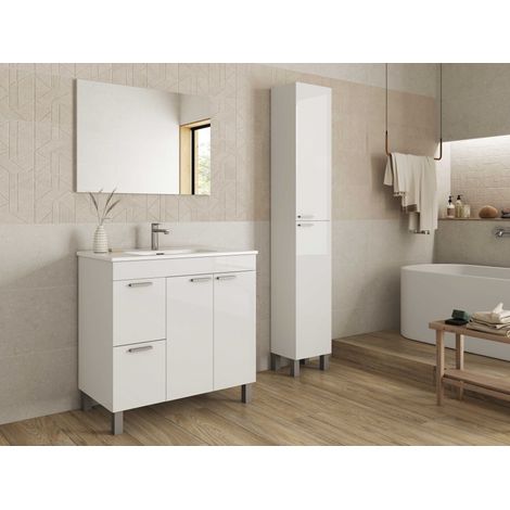 Mobile bagno a terra 80 cm bianco lucido con specchio - Foggia - Bianco lucido Con lampada Led