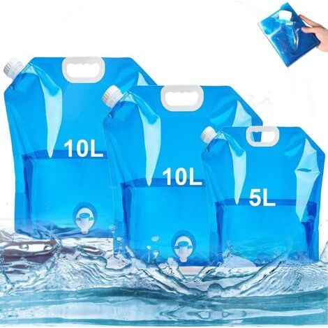Lot de 3 bidons d'eau pliables avec robinet 2 x 10 L + 1 x 5 L bidon d'eau potable portable sans BPA bidon d'eau pliable pour camping barbecue pique-nique voyage en plein air (bleu) (1/4)