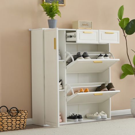 Meuble à chaussures 95x24x107,5 cm, avec étagères pliantes à 2 niveaux, 2 tiroirs, 1 porte, poignées dorées, étagères réglables, idéal pour les salons et les couloirs - Blanc (1/5)