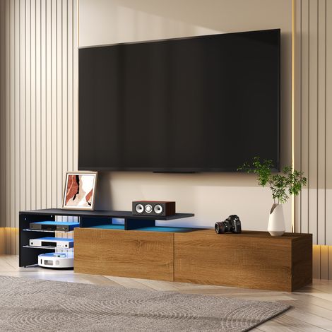 Mobile TV da 170 cm, con illuminazione a LED, ripiani in vetro, spazio contenitivo e effetto legno, mobile TV in legno, design, naturale (1/5)