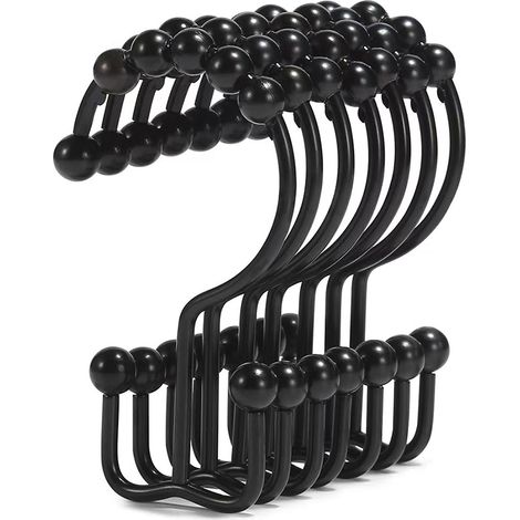 Crochets de rideau de douche en acier inoxydable - Lot de 7 crochets à roulettes en forme de S - Anneaux de rideau de salle de bain noirs pour tringles (1/4)