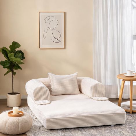 Canapé-lit convertible 1 place en tissu cord beige 120 x 85 x 65 (1/5)