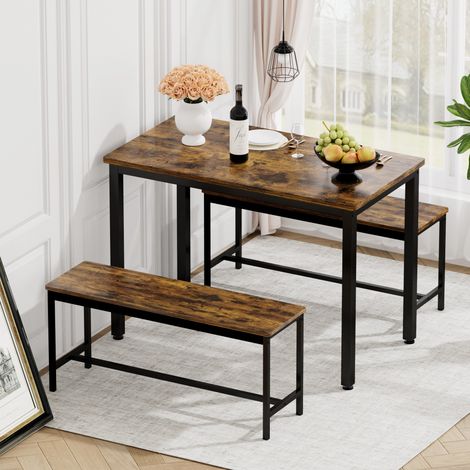 Ensemble table haute 110x60x75 cm avec 2 bancs, style industriel, brun et noir (1/5)