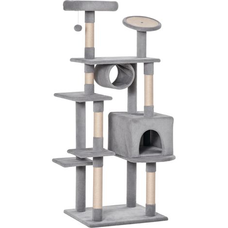 Arbre à chat en colonne de 165 cm avec grattoir et tréteaux pour chatons et chats adultes (jusqu'à 4.5 kg), gris, 60 x 50 x 165 cm