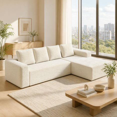 Canapé d'angle modulaire en velours côtelé beige, avec méridienne, sans montage DESVIAE (1/5)