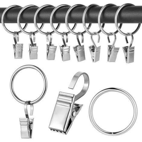 50 pinces à rideaux en métal, anneaux avec clips en acier inoxydable, argent, pour rideaux (1/5)