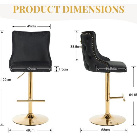 Wahson Set of 2 Velvet Swivel Bar Stools with Lion Head Knocker, Upholstered Kitchen Counter Chairs for Breakfast Bar, Pub or Dining Room, Black (1/5)