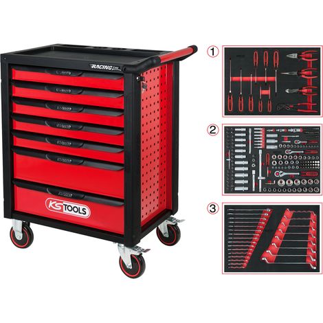 KS Tools RACINGline SCHWARZ/ROT Werkstattwagen mit 7 Schubladen und 215 Premium-Werkzeugen