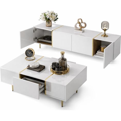 Set da mobile TV e tavolino da caffè bianco lucido con dettagli dorati, 4 ante, 2 cassetti, MDF, per soggiorno moderno CHICFURN (1/5)