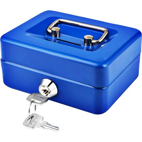 Caisse avec Serrure à clé, Tirelire portative en métal à Double Couche et 2 clés pour la sécurité 15 12.5 7.6cm(L, Bleu) (1/5)