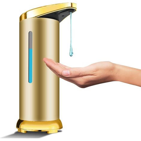 Lntyq Distributeur de savon automatique en acier inoxydable, distributeur de désinfectant sans contact avec capteur infrarouge, interrupteur réglable et base étanche (or mat)