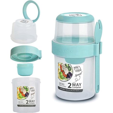 Pot à yaourt 2-en-1 étanche avec cuillère et récipient à sauce, double compartiment, 310 ml + 560 ml, pour petit-déjeuner et déjeuner, vert clair (1/5)