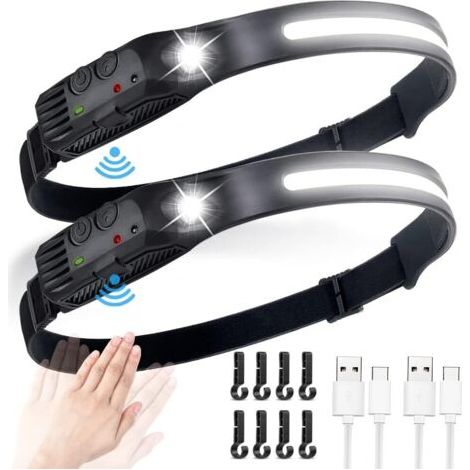 2PC Lampe Frontale Rechargeable, Lampe Frontale LED Rechargeable USB, 600 Lumens IPX4 Étanche Mouvement Lampe, 5 Mode d’Éclairage Détecteur Pour Camping Randonnée [Classe énergétique A+++]