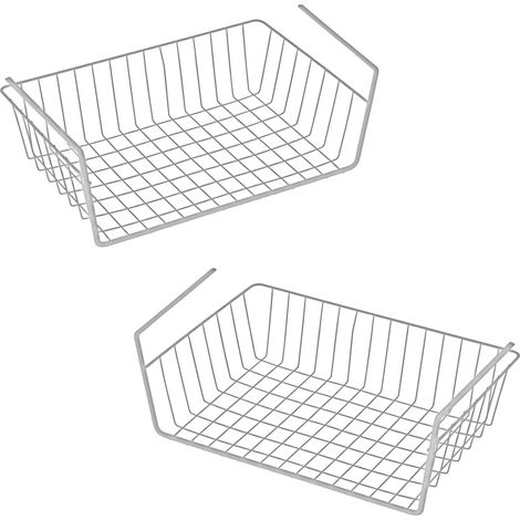 Panier de rangement suspendu sous étagère en métal blanc, lot de 2 pièces, dimensions approximatives 40 x 26 x 11 cm par panier (1/2)