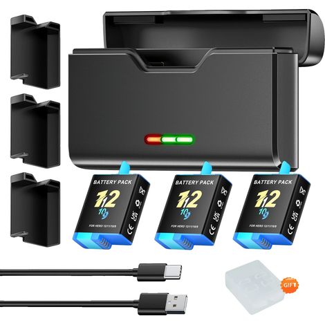 Batterieladegerät-Set, kompatibel mit Action-Kamera-Modellen, LED-Anzeige, 1 Ladegerät 3 Batterien (1/2)