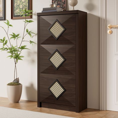 Meuble à chaussures 54x25x115 cm avec 3 abattants et décor en rotin, bois brun foncé (1/5)