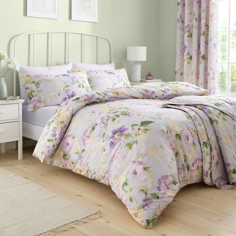 Housse de Couette Heritage Florette - Lit Simple (140 x 200 cm) - 1 taie d'oreiller - Polycoton - Housse de Couette Florale en Lilas Violet - Literie Violette (1/3)