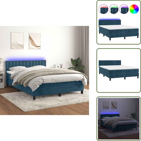 Sommier à lattes de lit avec matelas LED Bleu foncé 140x190 cm - Lit Plateforme - Lit Design - Lit Velours - Lit Avec Led - Tête De Lit Ajustable (1/5)