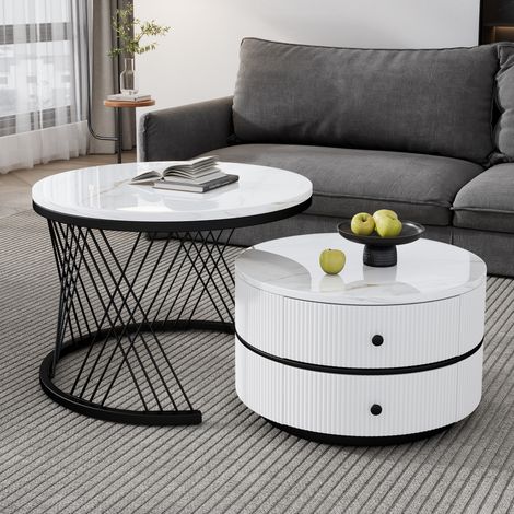 Ensemble de 2 tables basses rondes nidifiables blanches 60 x 60 x 46 cm et 50 x 50 x 31 cm, aspect marbre brillant et 2 tiroirs