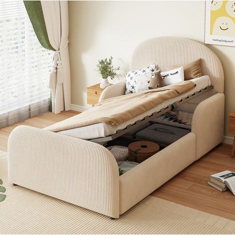 Cama infantil tapizada 214x102x102 cm, con almacenamiento hidráulico, cabecero alto, barandillas, terciopelo beige (1/5)