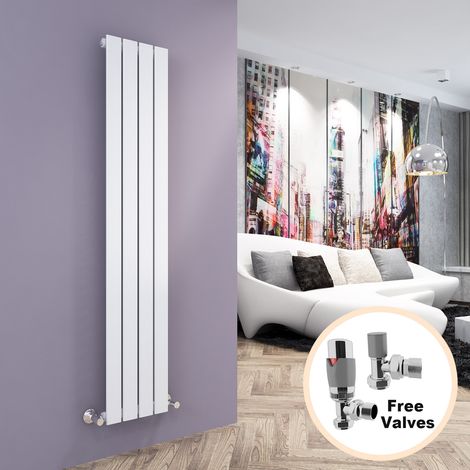 ELEGANT Vertical Radiator Single Flat Panel 1600 x 304mm Designer White Radiator with Chrome Thermostatic Radiator Valves (1/5)