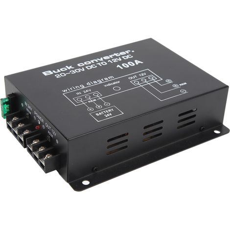 Convertisseur de puissance de voiture noir 100A, haute résistance, Protection contre la surchauffe, DC 24V à 12V pour réfrigérateurs. (1/4)