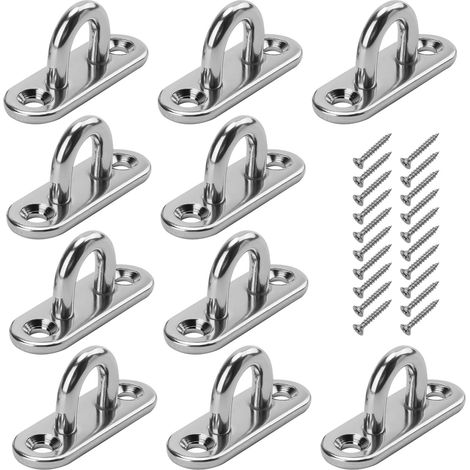 Lot de 10 plaques oeillet acier inoxydable M5, platine oeil inox 304, crochet oeillet, oblong crochet métal forme U avec 20 vis de plafond support mural pour accrocher des objets (1/5)