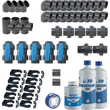 Kit plomberie 50 mm pour piscine – 20 coudes PVC pression 90° – 4 coudes PVC pression 45° – 3 tés PVC pression – 10 colliers de fixation
