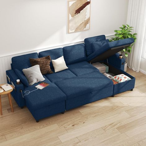 Schlafsofa U-Form mit Stauraum, USB & Getränkehalter, Dunkelblau (1/5)
