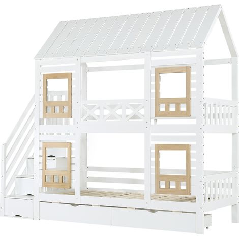 Kinder-Etagenbett 90x200 cm Weiß und Natur mit Stauraumtreppe und Schubladen (1/5)