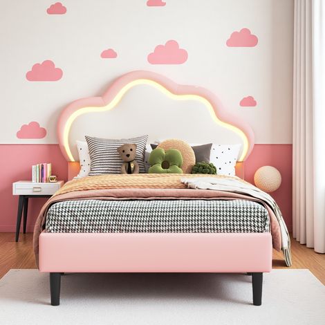 Lit Rembourré pour Enfant 90x200cm, Tête de lit Réglable en Hauteur,lit simple 90x200 avec éclairage LED et sommier à lattes en MDF,PU