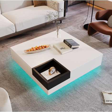 Couchtisch aus Spanplatte in Weiß und Schwarz 72 cm mit herausnehmbarer Aufbewahrungsbox und LED (1/5)