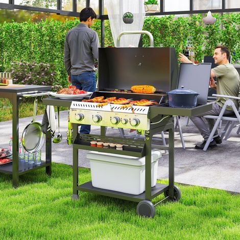 Barbecue gaz 4 brûleurs principaux 1 plaque chauffage 135x55x103cm, noir