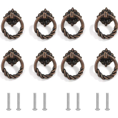 Lntyq Lot de 8 poignées d'armoire rétro en alliage de zinc - Poignées de meubles vintage - Poignées de tiroir - Anneaux avec vis - Pour cuisine, inclinée, coiffeuse (bronze)