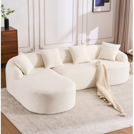 Divano angolare modulare curvo, chaise longue sinistra, 243 x 150 x 67 cm, ciniglia, bianco HAVRYA (1/5)