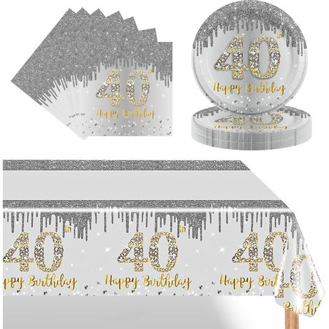 37 Pièces Assiette Vaisselle Jetable Anniversaire Kit,Argent Decoration Anniversaire Vaisselle 40 Ans Garçon Fille,Nappe Papier Assiette Serviette pour Decoration Anniversaire 40 Ans Cadeau (1/5)