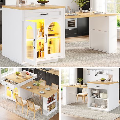 Extendable Kitchen Island with LED Lighting, Modern Storage Cabinet with 2 Drawers & Adjustable Shelves, Kitchen Sideboard with Fluted Glass Doors, MDF Kitchen Countertop for Dining Room