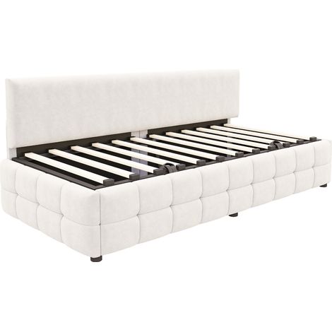 Cama tapizada 90x200 cm con almacenamiento hidráulico, terciopelo beige, MODENUIT (1/5)