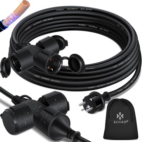 KESSER® Verlängerungskabel mit Schutzkappe Outdoor - für Innenbereich Außenbereich - Verlängerung Stromkabel 230 V IP44 - mit Schuko Stecker Schwarz / 10m - mit Verteiler (1/5)