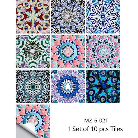 Lntyq 10 Pcs Carrelage Autocollants Étanche PVC Auto-Adhésif Décoration Murale Salle De Bains Cuisine Mur Bohème Mosaïque Style Autocollants pour Salle De Bains Cuisine Mur DIY (20x20cm) (1/4)