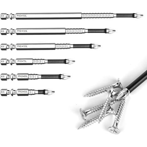 6 Pièces Embout Visseuse Magnetique, Ensemble d'embouts Longs 50/65/75/100/120/150 mm, Tige 1/4" pour Tournevis, Embouts Cruciformes AntidéRapants pour Perceuse éLectrique (1/5)