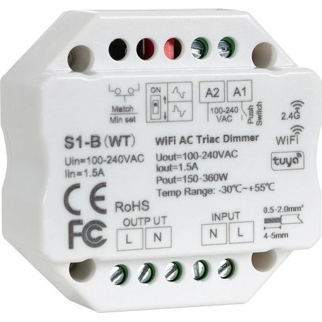 Interruptor Regulador LED WiFi TRIAC Compatible con Pulsador y Mando RF Blanco