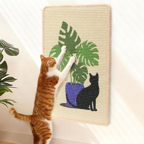 Tapis Griffoir pour Chat, 60 x 40 cm Tapis à Griffer en Sisal Naturel d'Intérieur, Grattoir Murial Horizontal, Tapis de Sol pour Chaton avec Bandes Adhésives, Protège-Meubles (Monstera) (1/5)