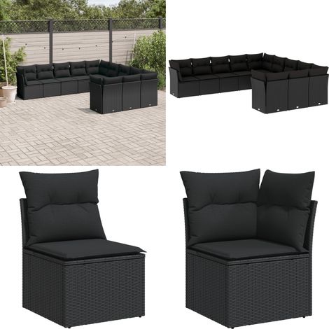 11-tlg. Garten-Sofagarnitur mit Kissen Schwarz Poly Rattan - Gartengestelle - Gartenmöbelset - Lounge Möbel - Rattan Gartenmöbel - Garten Sofa - Home & Living (1/5)