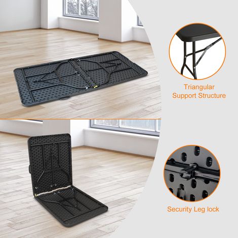 Table pliante portable robuste de 180 cm avec poignée, table pliable multifonctionnelle pour le camping, les pique-niques et les fêtes en intérieur/extérieur, capacité de charge 135 kg (noir) (1/5)