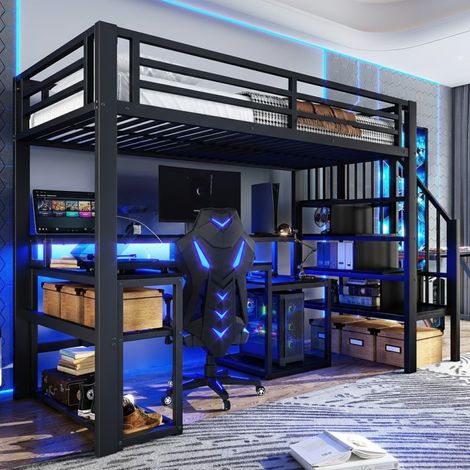 Lit Mezzanine 90x200 cm avec Bureau et Escalier Rangement - Métal Noir, LED, USB - Lit Surélevé Enfant Ado (1/5)