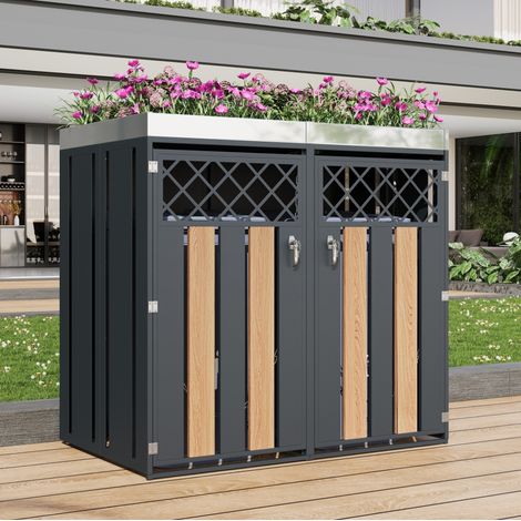 Cobertizo doble para cubos de basura con macetero, acero galvanizado, gris y madera, OKWISH (1/5)