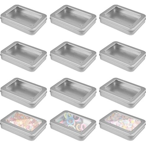 12 Pack Metal Storage Boxes, Rectangular, Small Metal Tins with Clear Window Lid, Silver Metal Box Mini Metal Box, Empty Boxes for (1/5)