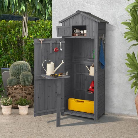 Armoire de Jardin en Bois Imperméable avec Toit Abri de Jardin avec Table Pliable Étagères et 8 Crochets 75x50x180,5CM Gris (1/2)